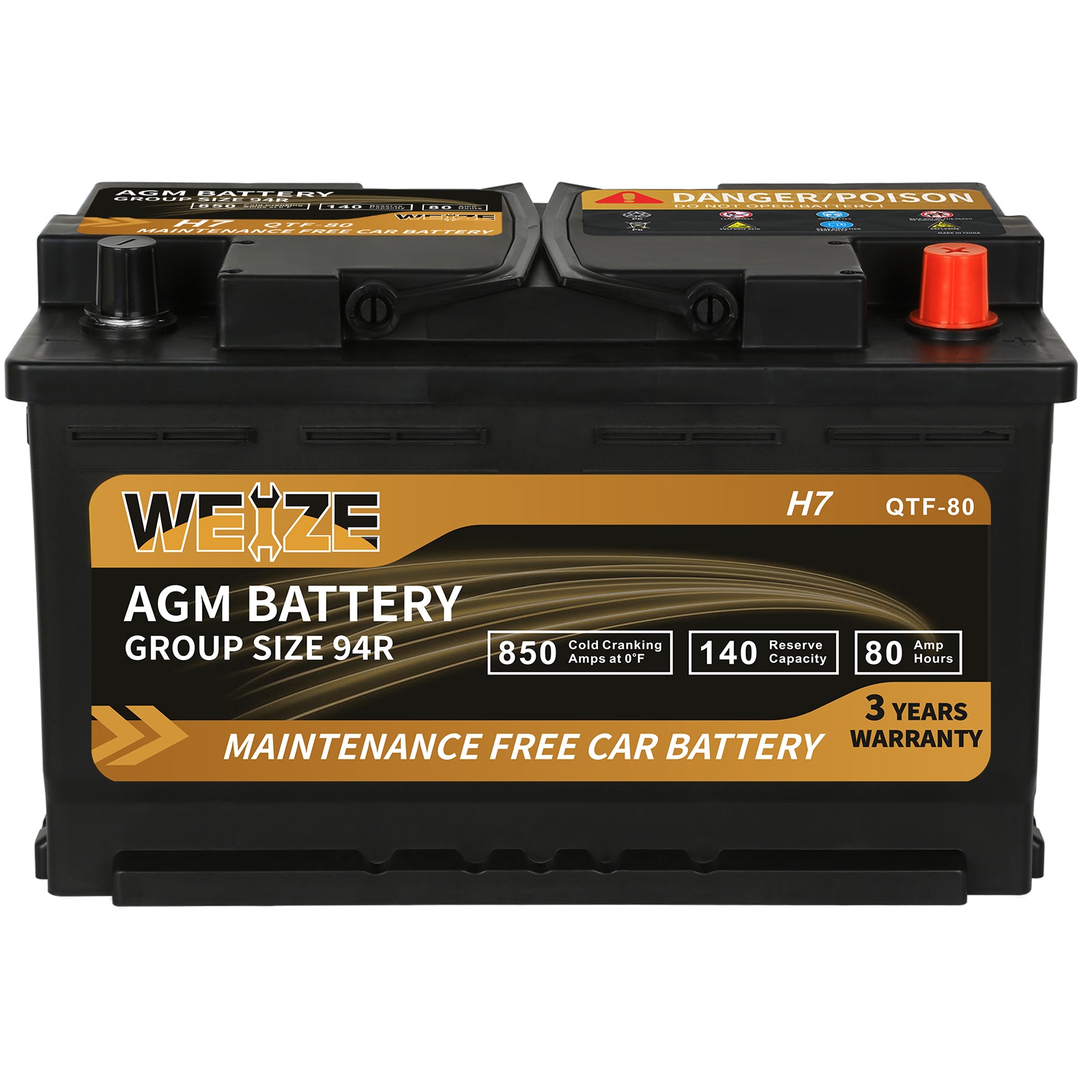 WEIZE Platinum AGM Car Battery BCI Group 94R - 12V 80Ah H7 Automotive Battery