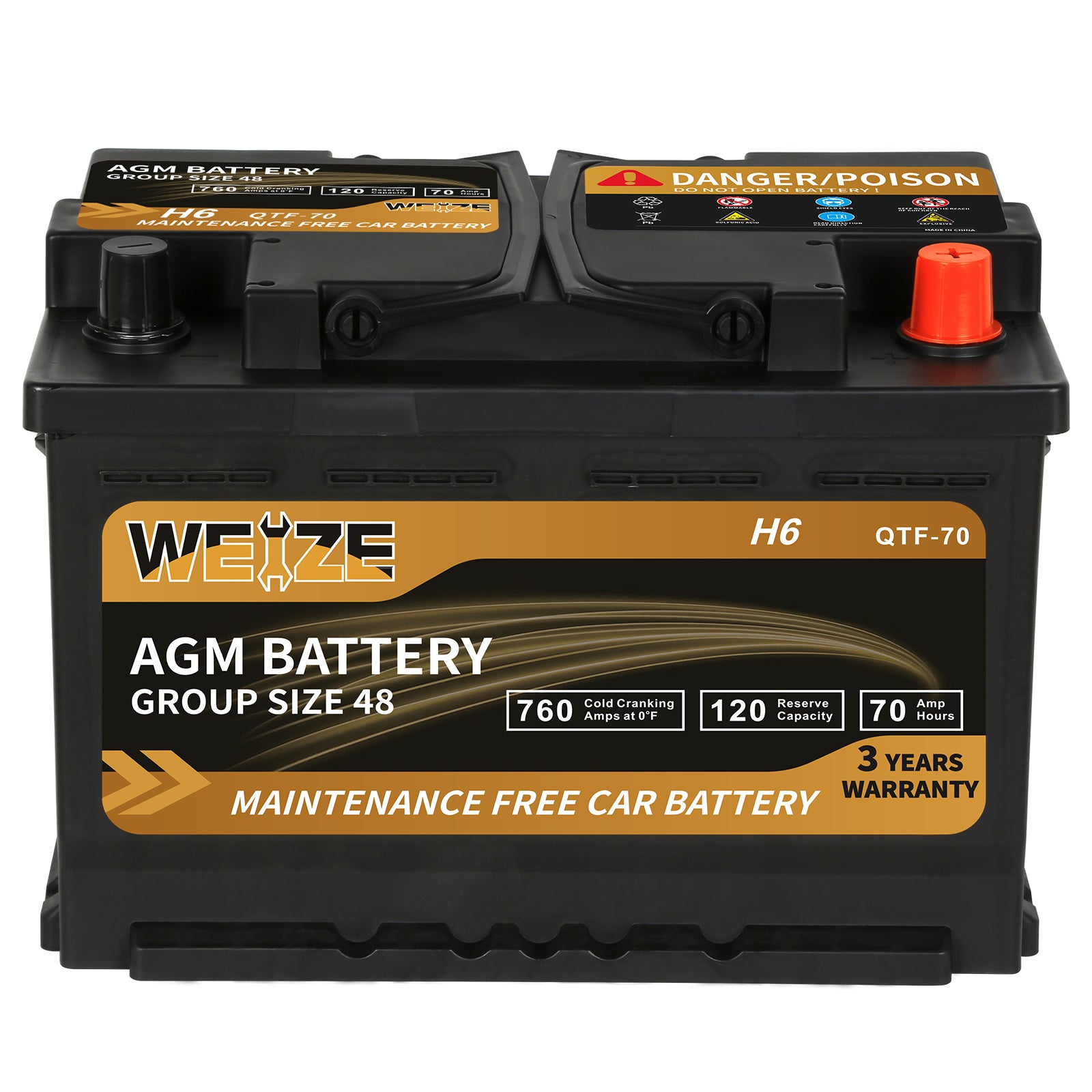 WEIZE Platinum AGM Car Battery BCI Group 48 - 12V 70Ah H6 Automotive Battery