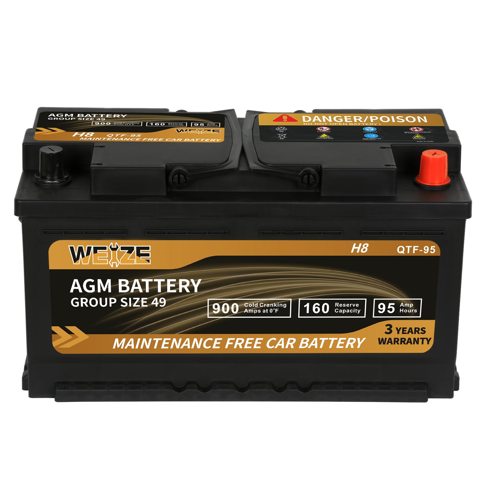 WEIZE Platinum AGM Car Battery BCI Group 49 - 12V 95Ah H8 Automotive Battery