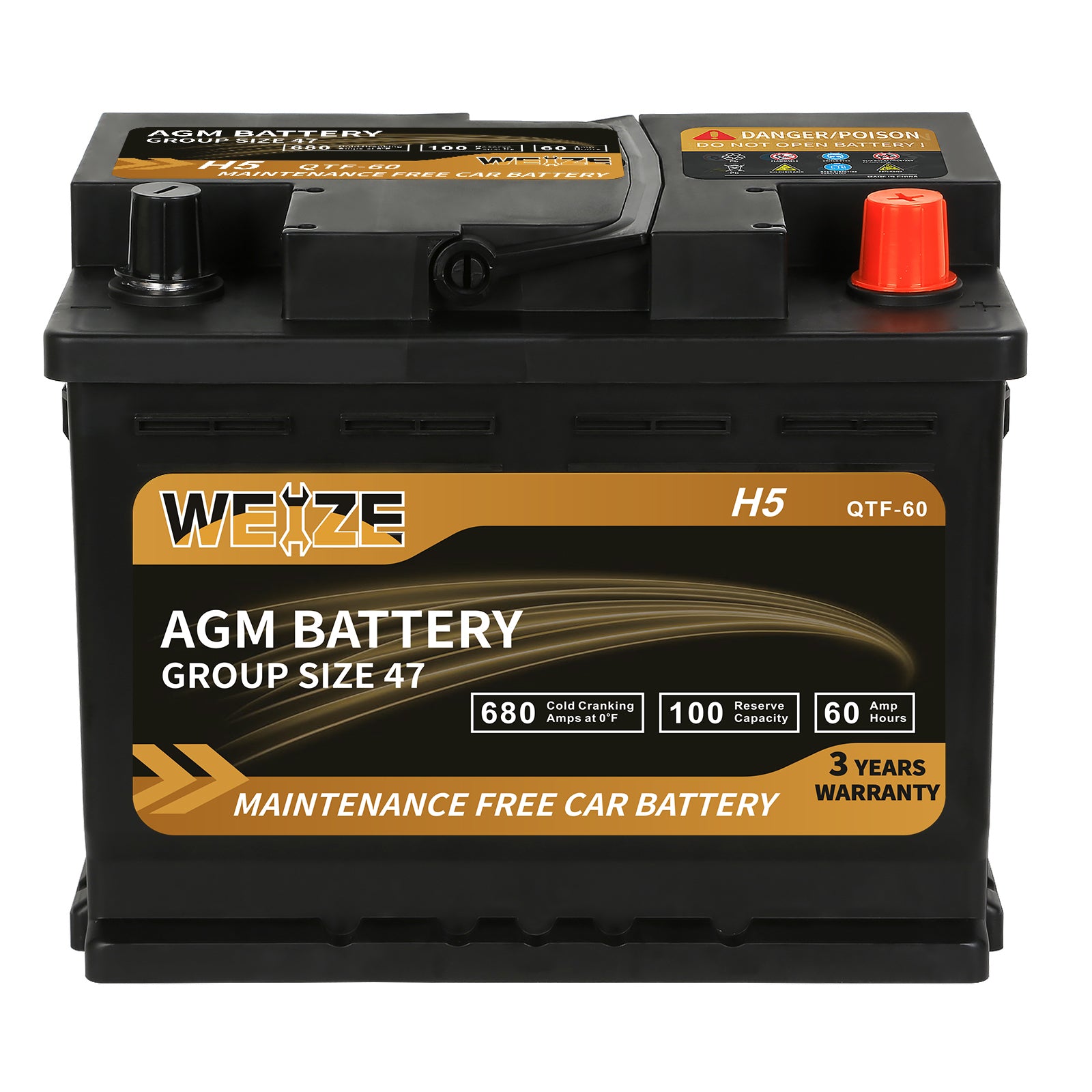 WEIZE Wise Series Group 47 AGM Car Battery - 12V 60Ah H5 Automotive Replacement Battery