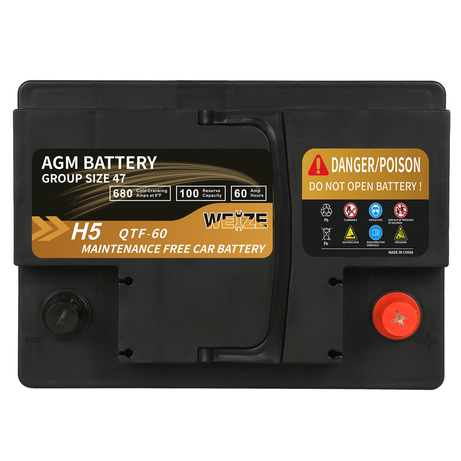 WEIZE Platinum AGM Car Battery BCI Group 47 - 12V 60Ah H5 Automotive Battery