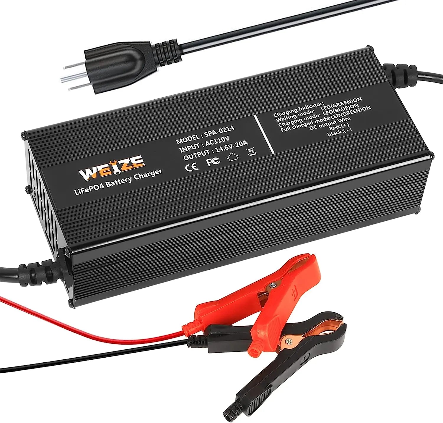 14.6V 20A LiFePO4 Battery Charger, Intelligent AC-DC LiFePO4 Lithium Battery Smart Charger for 12V Lithium Iron Phosphate Batteries, Support Fast Charging WEIZE