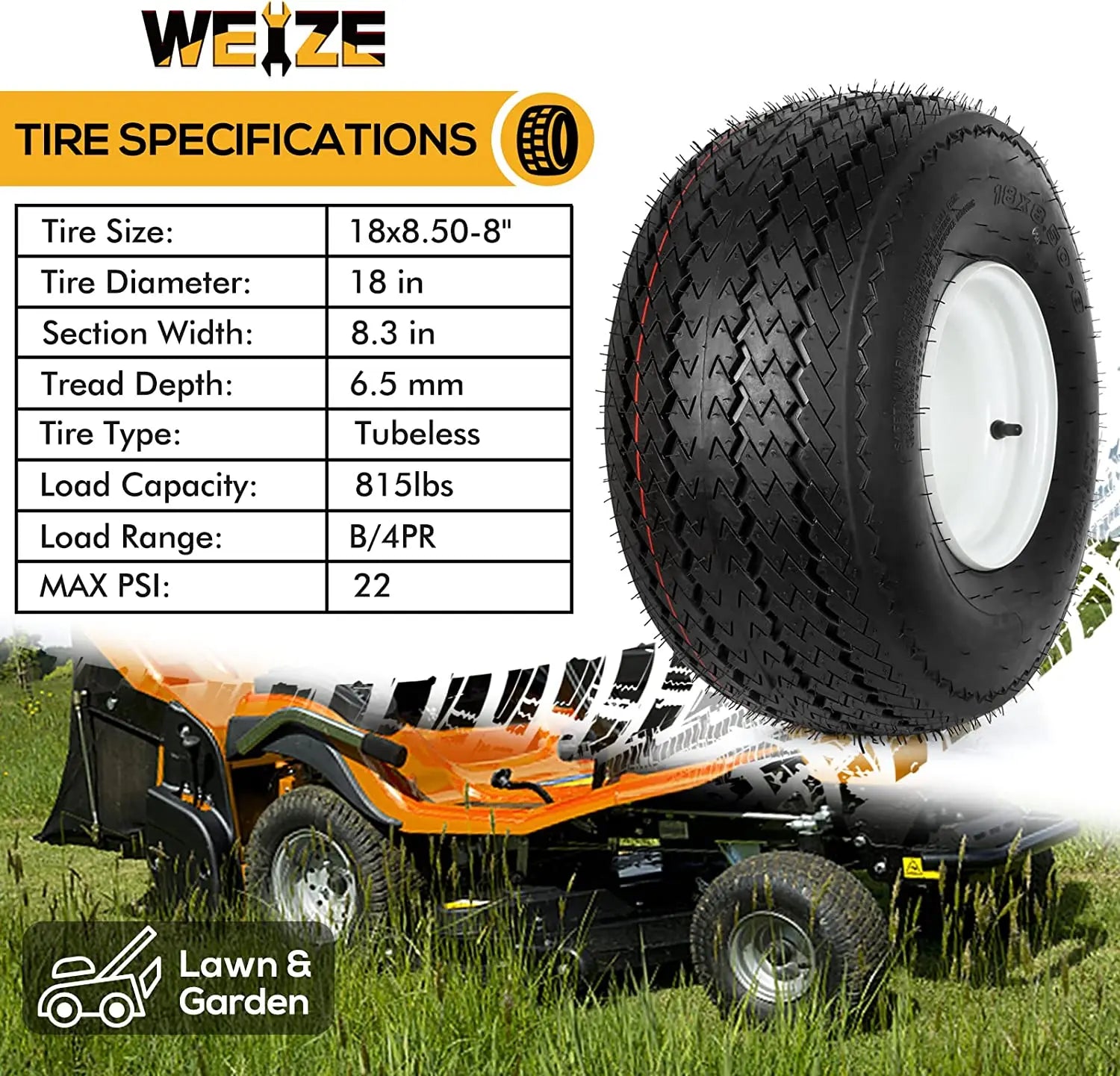 18x8.50-8 Lawn Mower Tires with Rim, 18x8.5-8 Tractor Turf Tire, 4 Ply Tubeless, 815lbs Capacity, Set of 2 WEIZE