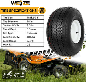 18x8.50-8 Lawn Mower Tires with Rim, 18x8.5-8 Tractor Turf Tire, 4 Ply Tubeless, 815lbs Capacity, Set of 2 WEIZE