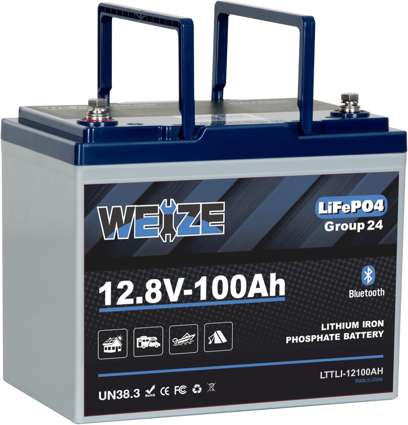 WEIZE 12V 100Ah Bluetooth LiFePO4 Lithium Battery, Group 24 Deep Cycle Battery