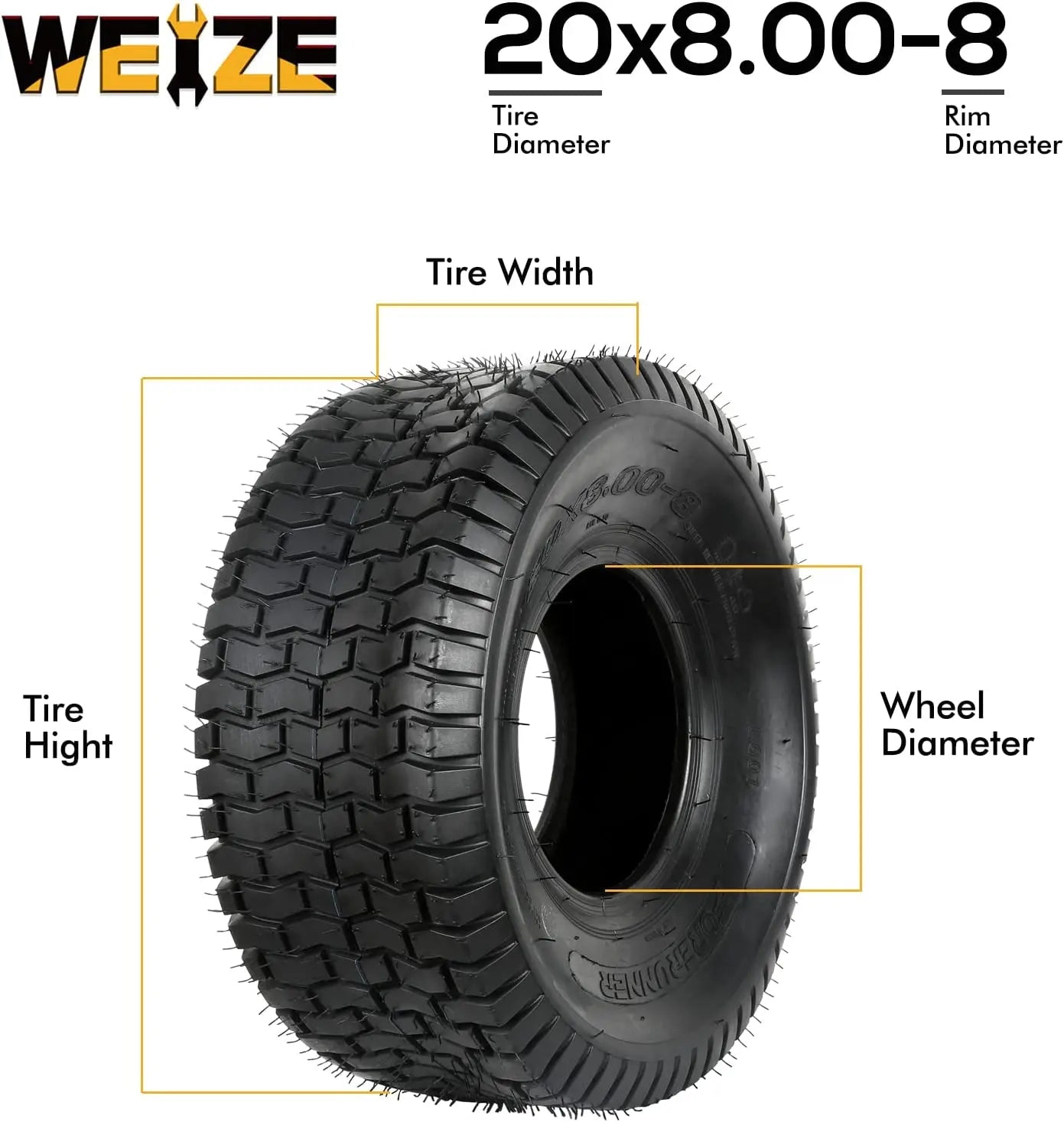 20x8.00-8 Lawn Mower Tire, 20x8-8 Tractor Turf Tire, 4 ply Tubeless, 950lbs Capacity, Set of 2 WEIZE