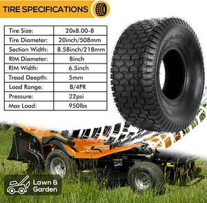 20x8.00-8 Lawn Mower Tire, 20x8-8 Tractor Turf Tire, 4 ply Tubeless, 950lbs Capacity, Set of 2 WEIZE