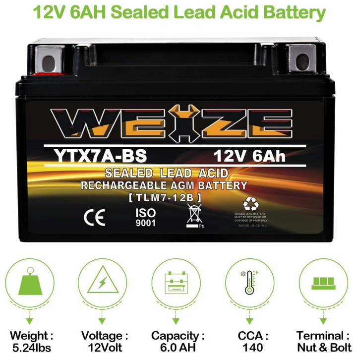 WEIZE YTX7A-BS 12V 6Ah High Performance - Maintenance Free - Sealed AGM Motorcycle Battery compatible with Gas Gy6 Scooter Moped 50CC 125CC WEIZE