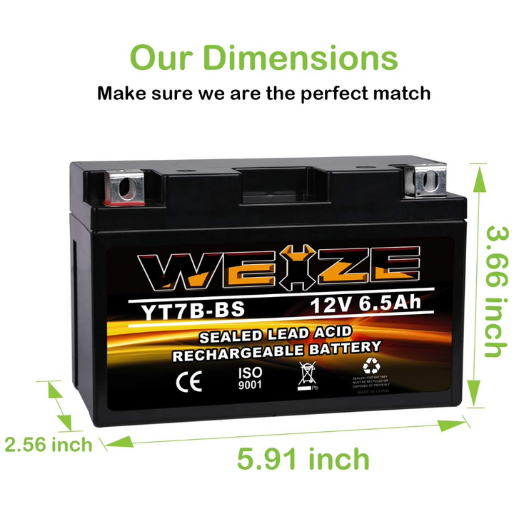 WEIZE YT7B-BS 12V 6.5Ah High Performance - Maintenance Free - Sealed AGM Motorcycle Battery YT7B BS For Yamaha ATV WEIZE