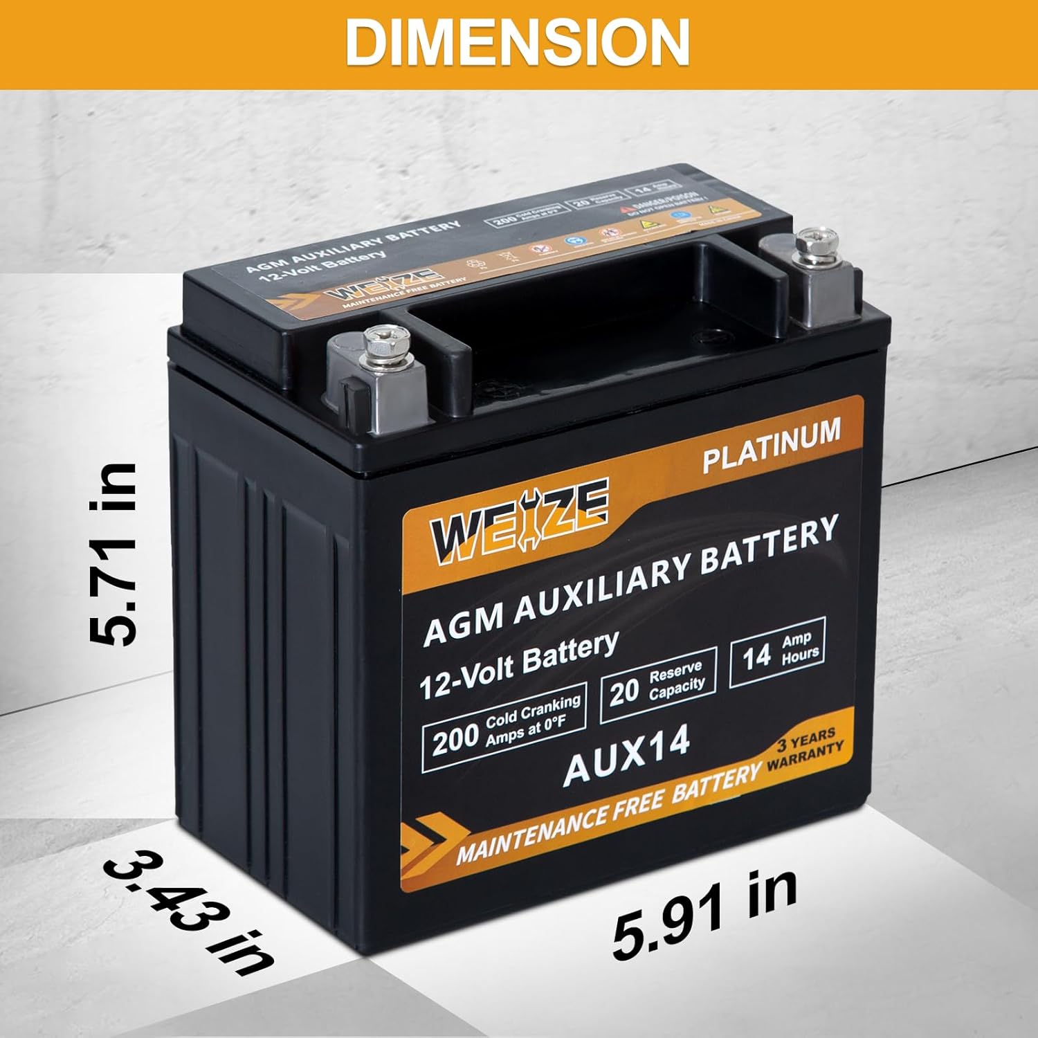 WEIZE Platinum AGM AUX14 Auxiliary Battery, BCI Group 400, 200CCA Automotive Battery