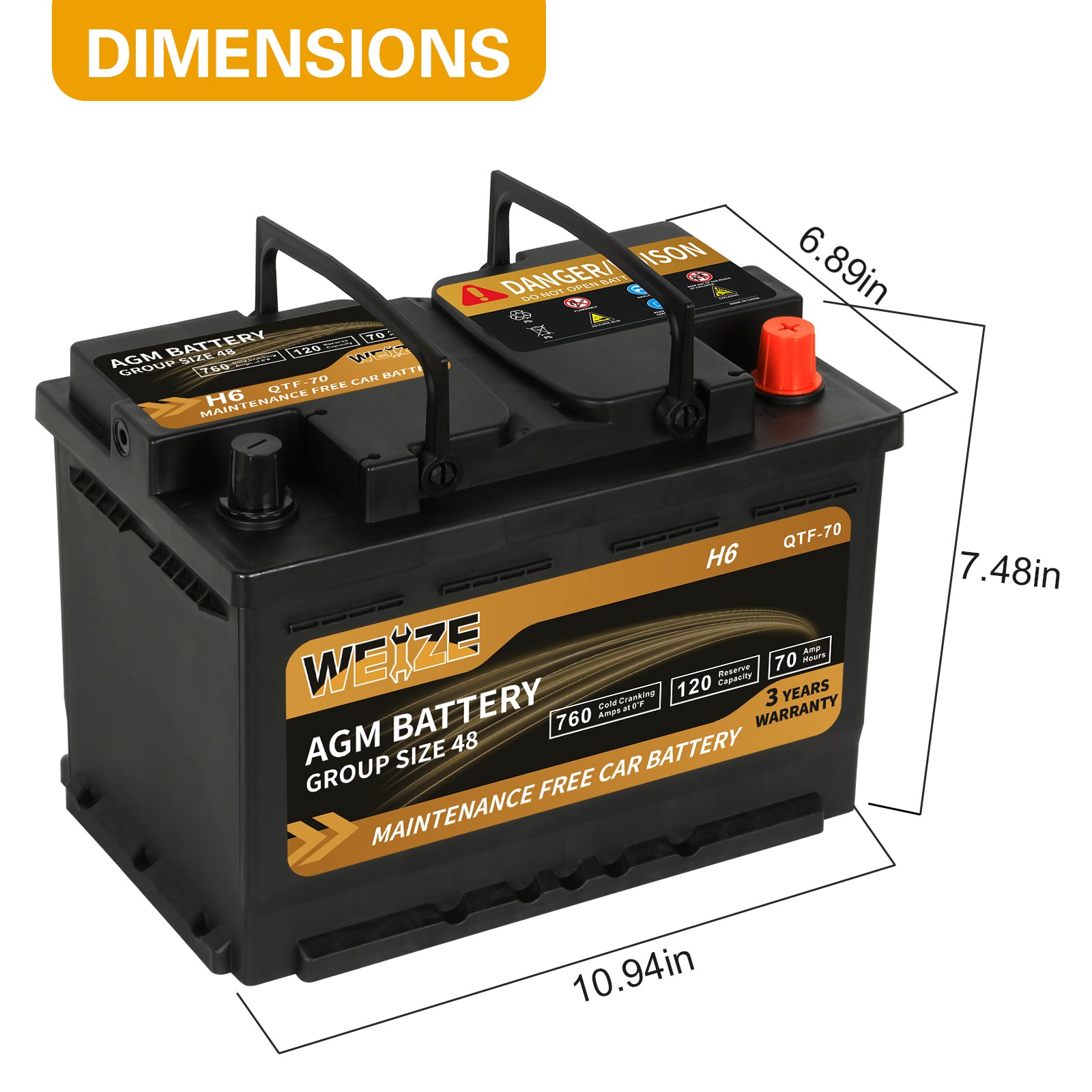 WEIZE Wise Series Group 48 AGM Car Battery - 12V 70Ah H6 Automotive Replacement Battery