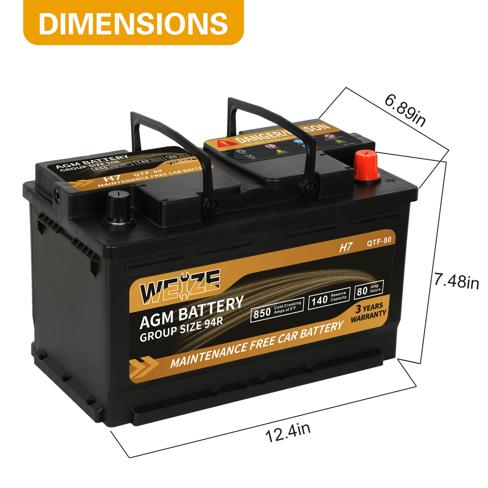 WEIZE Platinum AGM Car Battery BCI Group 94R - 12V 80Ah H7 Automotive Battery