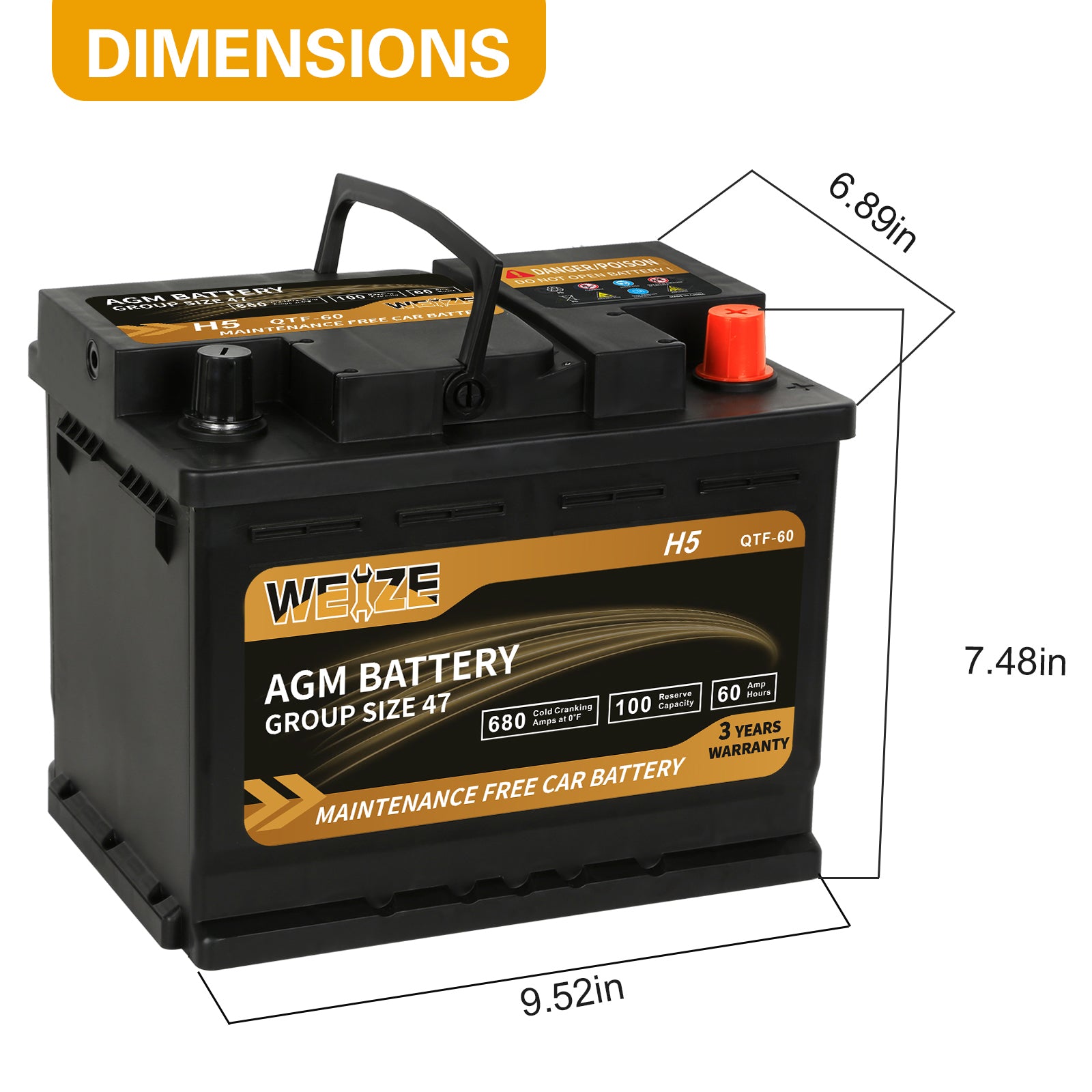 WEIZE Platinum AGM Car Battery BCI Group 47 - 12V 60Ah H5 Automotive Battery