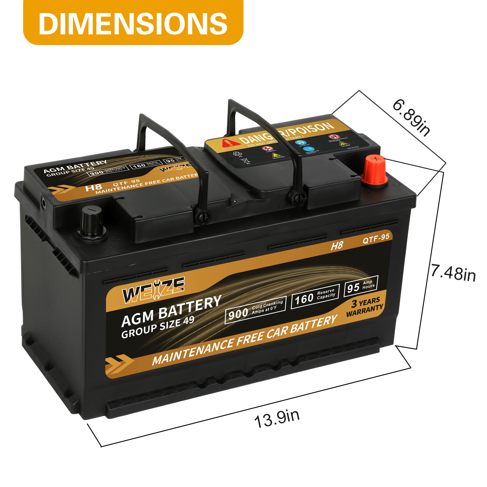 WEIZE Wise Series Group 49 AGM Car Battery - 12V 95Ah H8 Automotive Replacement Battery