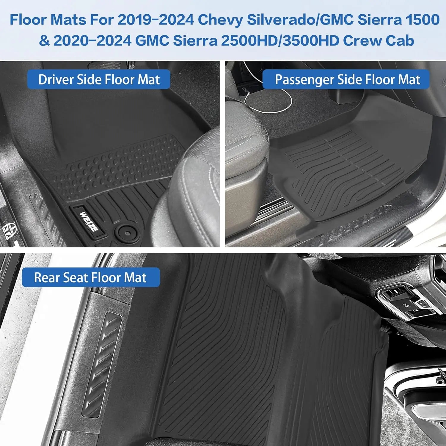 WEIZE Floor Mats Fit for 2019-2024 Chevrolet Silverado 1500/GMC Sierra 1500 & 2020-2024 Chevy Silverado/GMC Sierra 2500HD/3500HD Crew Cab (Rear Row with Carpeted Under-seat Storage), TPE Floor Liner WEIZE