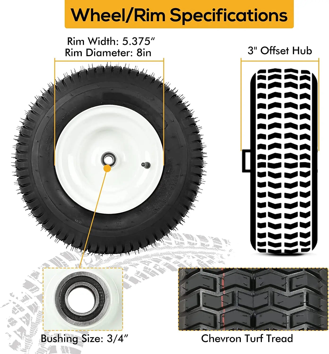 16x6.50-8 Lawn Mower Tires with Rim, 3" Offset Hub, 3/4" Bearing, 16x6.5-8 Tractor Turf Tire, 4 Ply Tubeless, 615lbs Capacity, Set of 2 WEIZE