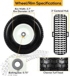 13x5.00-6 Flat Free Tire and Rim, 3" Centered Hub, 3/4" Bushing, 13x5-6 Tractor Lawn Mower Turf Tire, 400lbs Capacity, Set of 2 WEIZE