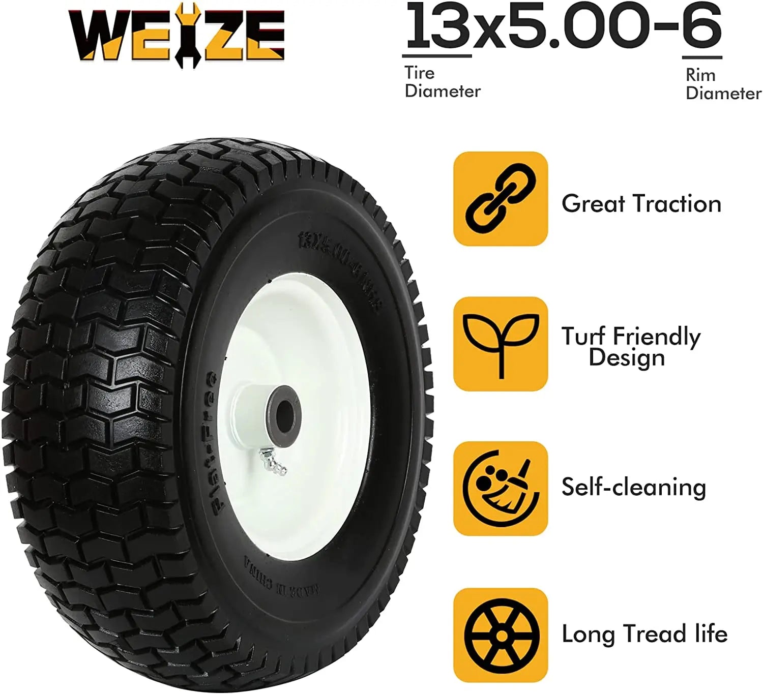 13x5.00-6 Flat Free Tire and Rim, 3" Centered Hub, 3/4" Bushing, 13x5-6 Tractor Lawn Mower Turf Tire, 400lbs Capacity, Set of 2 WEIZE