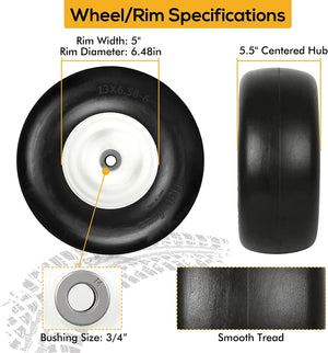 13x6.50-6 Flat Free Lawn Tire with Rim, 5.5" Centered Hub, 3/4" Bushing, 13x6.5-6 Mower Tractor Turf Tire, 450lbs Capacity, Set of 2 WEIZE