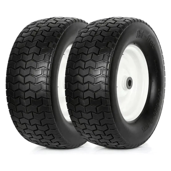 16x6.50-8 Flat Free Lawn Mower Tires with Rim, 3" Centered Hub, 3/4" Bushing, 16x6.5-8 Tractor Turf Tire, 500lbs Capacity, Set of 2 WEIZE