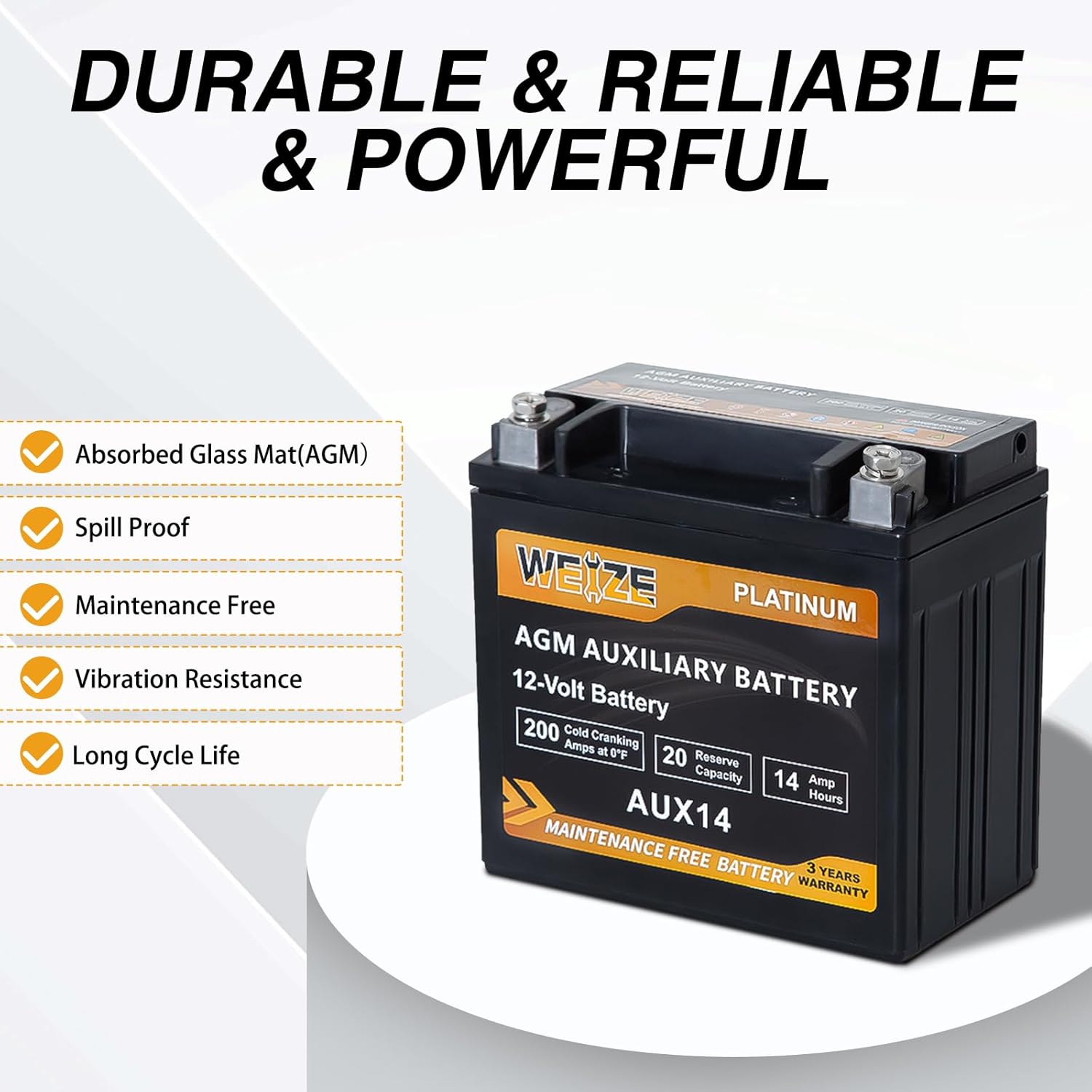 WEIZE Platinum AGM AUX14 Auxiliary Battery, BCI Group 400, 200CCA Automotive Battery