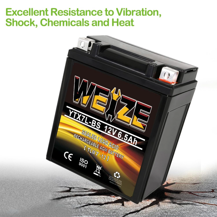 WEIZE YTX7L-BS 12V 6.5Ah High Performance - Maintenance Free - Sealed AGM 100CCA ATV Motorcycle Battery compatible with Honda Kawasaki Suzuki WEIZE
