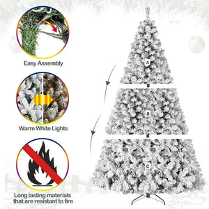 4.5'/6' Prelit Artificial Snow Flocked Christmas Tree with Warm White LED Lights, PVC Branch Tips, Easy Assembly with Metal Stand and Hinged Branches HYKOLITY