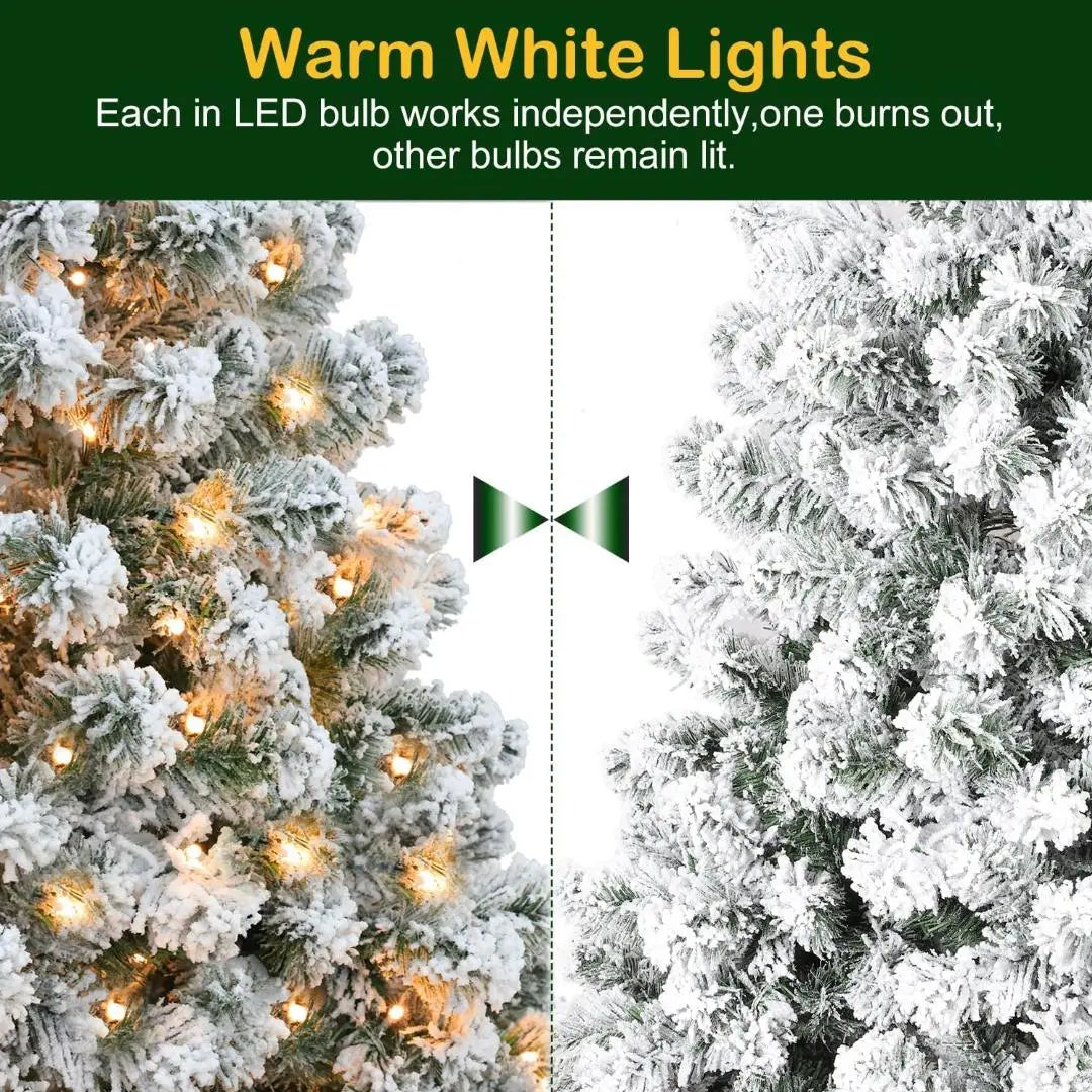 4.5'/6' Prelit Artificial Snow Flocked Christmas Tree with Warm White LED Lights, PVC Branch Tips, Easy Assembly with Metal Stand and Hinged Branches HYKOLITY