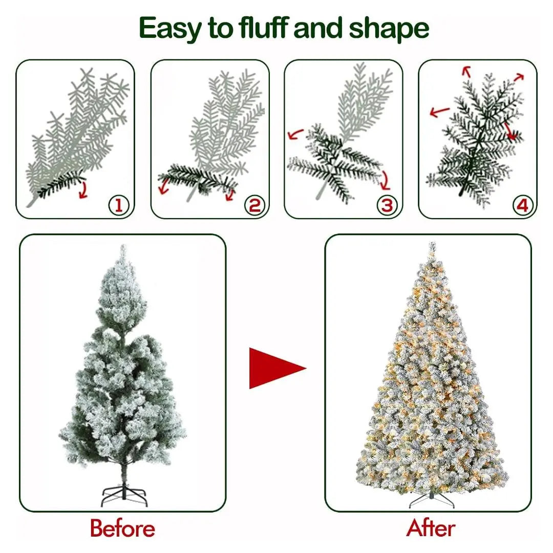 4.5'/6' Prelit Artificial Snow Flocked Christmas Tree with Warm White LED Lights, PVC Branch Tips, Easy Assembly with Metal Stand and Hinged Branches HYKOLITY