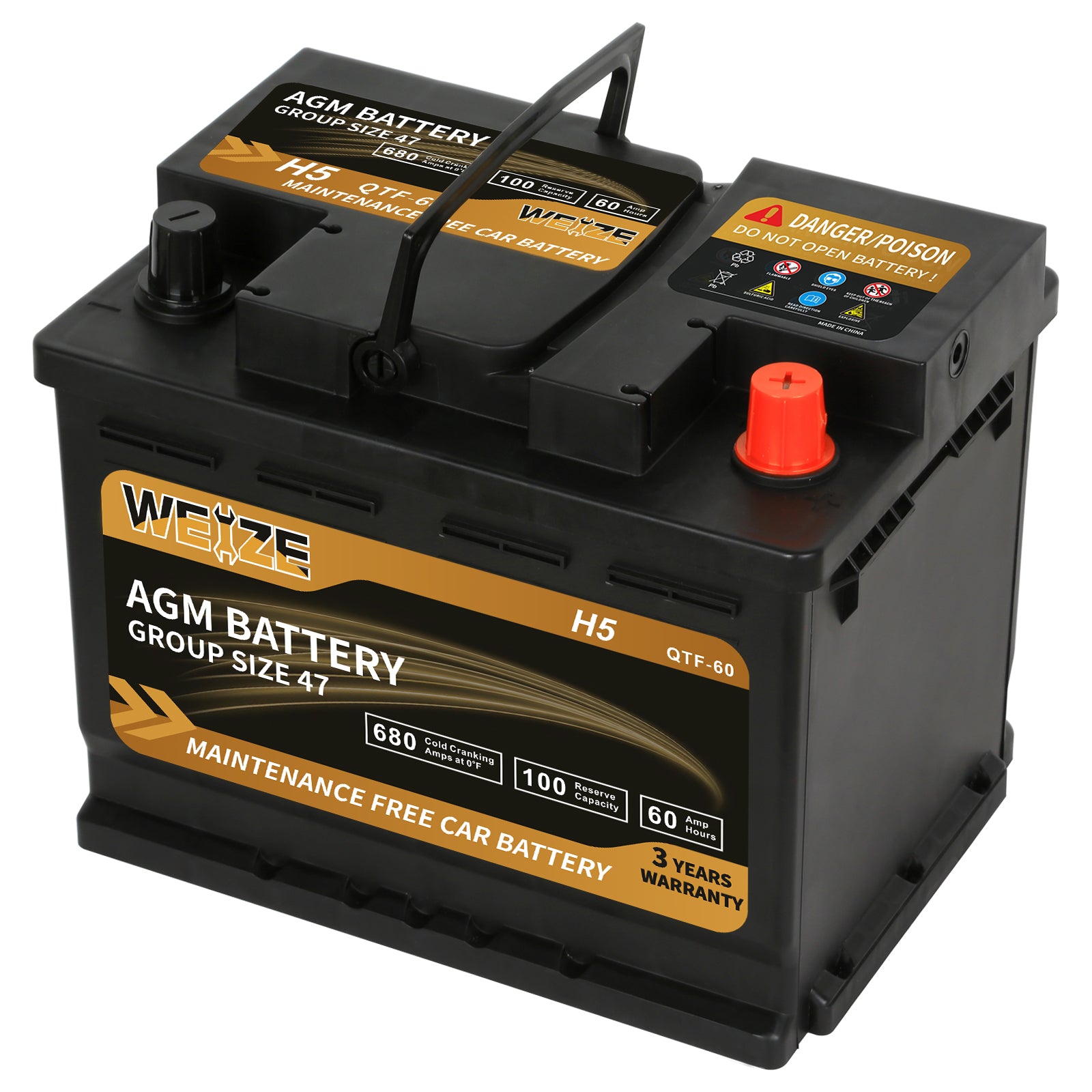 WEIZE Platinum AGM Car Battery BCI Group 47 - 12V 60Ah H5 Automotive Battery