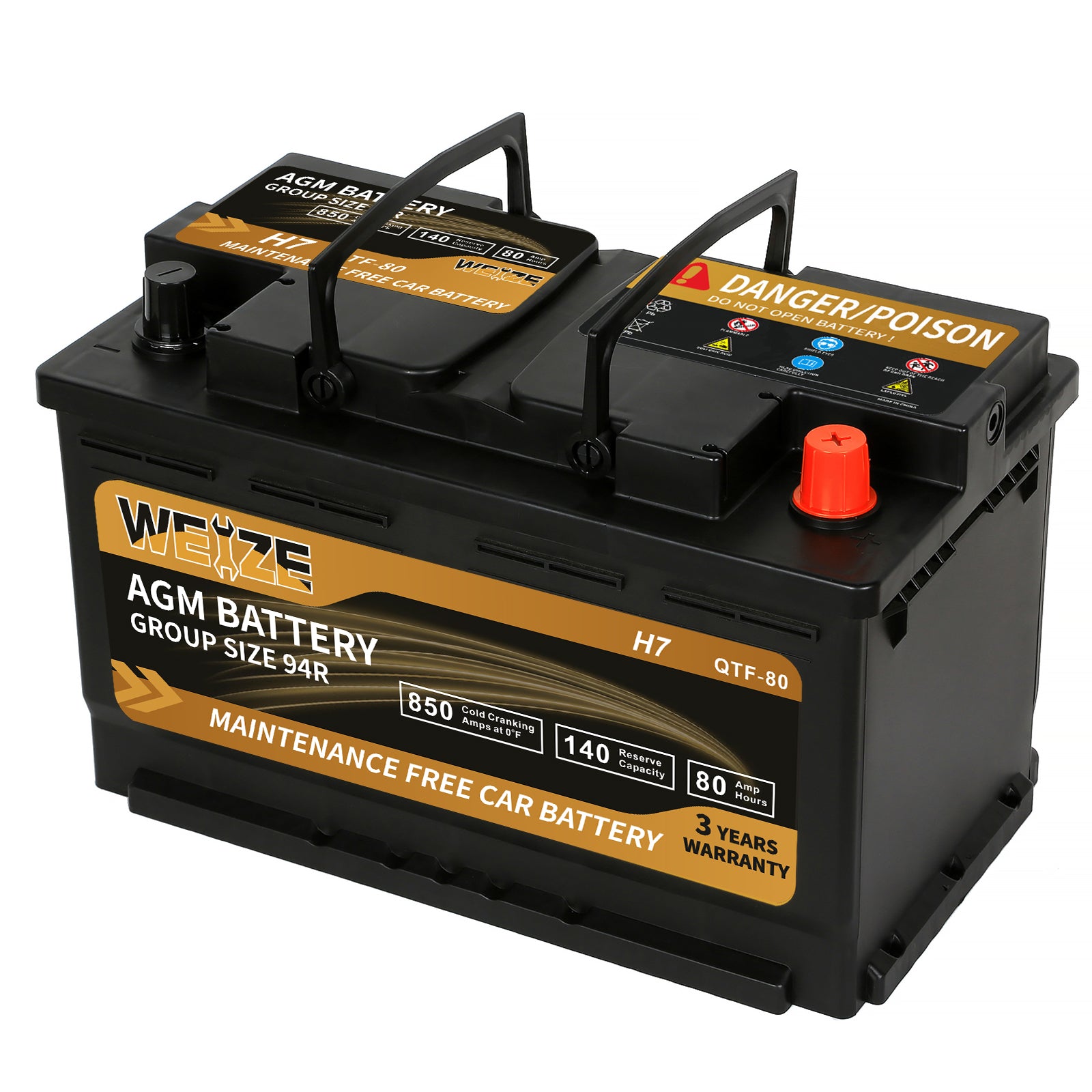 WEIZE Platinum AGM Car Battery BCI Group 94R - 12V 80Ah H7 Automotive Battery