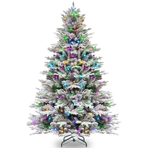 6.5'/7.5' Premium Prelit Snow Flocked Christmas Tree with 11 Modes LED Lights, Branch Tips, Metal Stand and Hinged Branches HYKOLITY