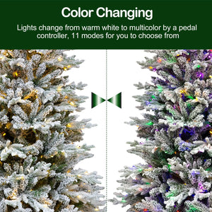 6.5'/7.5' Premium Prelit Snow Flocked Christmas Tree with 11 Modes LED Lights, Branch Tips, Metal Stand and Hinged Branches HYKOLITY