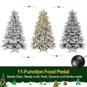 6.5'/7.5' Premium Prelit Snow Flocked Christmas Tree with 11 Modes LED Lights, Branch Tips, Metal Stand and Hinged Branches HYKOLITY