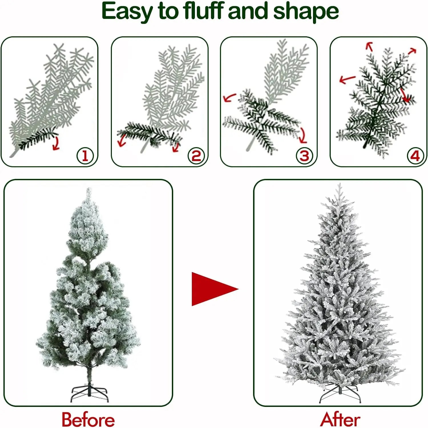 6.5'/7.5' Premium Prelit Snow Flocked Christmas Tree with 11 Modes LED Lights, Branch Tips, Metal Stand and Hinged Branches HYKOLITY