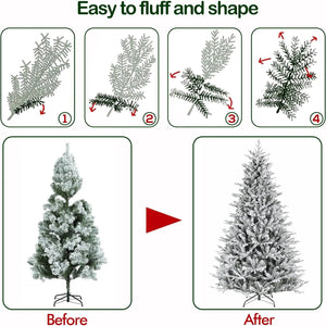 6.5'/7.5' Premium Prelit Snow Flocked Christmas Tree with 11 Modes LED Lights, Branch Tips, Metal Stand and Hinged Branches HYKOLITY