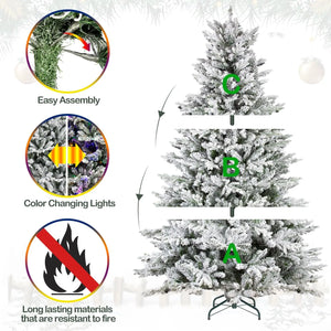 6.5'/7.5' Premium Prelit Snow Flocked Christmas Tree with 11 Modes LED Lights, Branch Tips, Metal Stand and Hinged Branches HYKOLITY