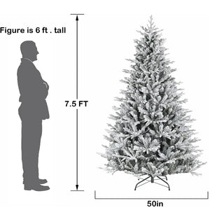 6.5'/7.5' Premium Prelit Snow Flocked Christmas Tree with 11 Modes LED Lights, Branch Tips, Metal Stand and Hinged Branches HYKOLITY