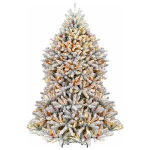 6.5'/7.5' Snow Flocked Prelit Artificial Fir Christmas Tree with Pine Cones and Berries, PVC Branch Tips, Warm White LED Lights, Metal Stand and Hinged Branches HYKOLITY