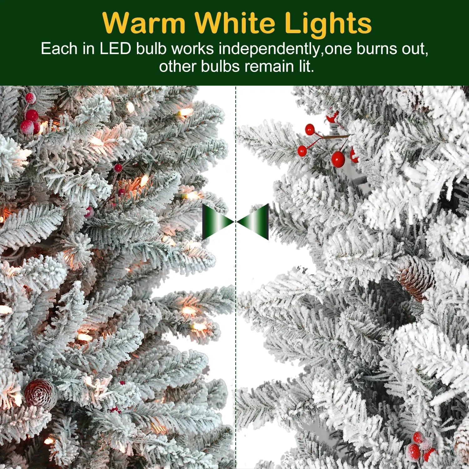 6.5'/7.5' Snow Flocked Prelit Artificial Fir Christmas Tree with Pine Cones and Berries, PVC Branch Tips, Warm White LED Lights, Metal Stand and Hinged Branches HYKOLITY