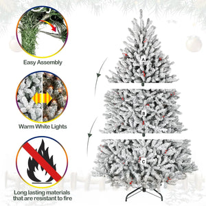 6.5'/7.5' Snow Flocked Prelit Artificial Fir Christmas Tree with Pine Cones and Berries, PVC Branch Tips, Warm White LED Lights, Metal Stand and Hinged Branches HYKOLITY