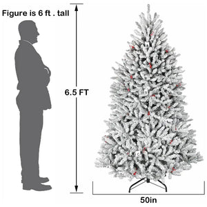 6.5'/7.5' Snow Flocked Prelit Artificial Fir Christmas Tree with Pine Cones and Berries, PVC Branch Tips, Warm White LED Lights, Metal Stand and Hinged Branches HYKOLITY