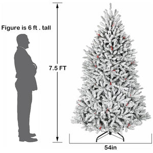 6.5'/7.5' Snow Flocked Prelit Artificial Fir Christmas Tree with Pine Cones and Berries, PVC Branch Tips, Warm White LED Lights, Metal Stand and Hinged Branches HYKOLITY