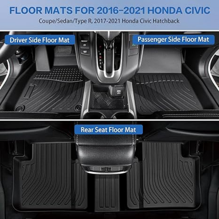 Floor Mats Fit for 2016-2021 Honda Civic Coupe/Sedan/Type R, 2017-2021 Honda Civic Hatchback All-Weather TPE Custom Fit, Car Floor Liner 1st & 2nd Row, Black WEIZE