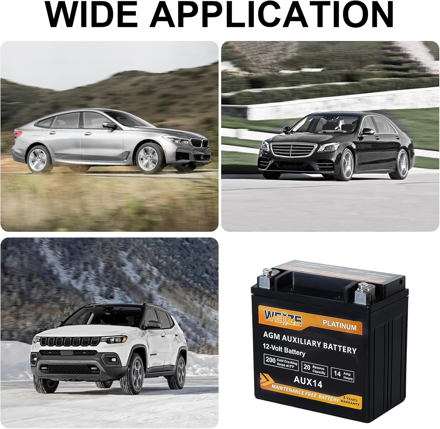 WEIZE Wise Series AGM AUX14 Auxiliary Battery, BCI Group 400, 200CCA Automotive Battery