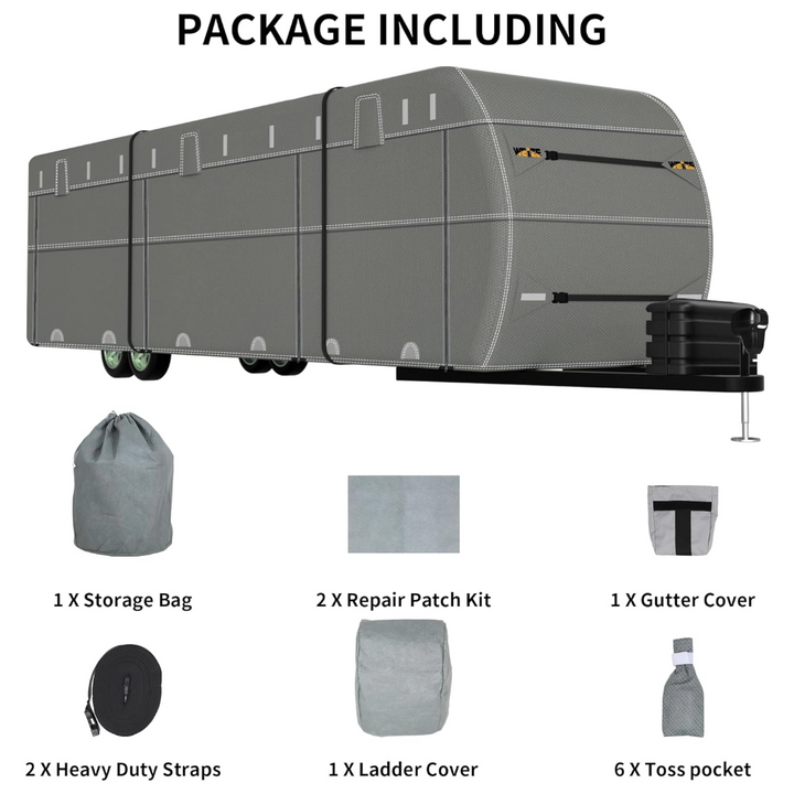 Travel Trailer Cover, Waterproof Camper RV Cover Non-Woven Fabric with Anti-UV, Fits 34-37ft Motorhome, Extra Windproof Straps, Gutter Covers WEIZE