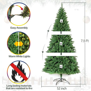 6.5'/7.5'/9' Prelit Artificial Christmas Tree with Warm White Lights, Metal Stand and Hinged Branches HYKOLITY