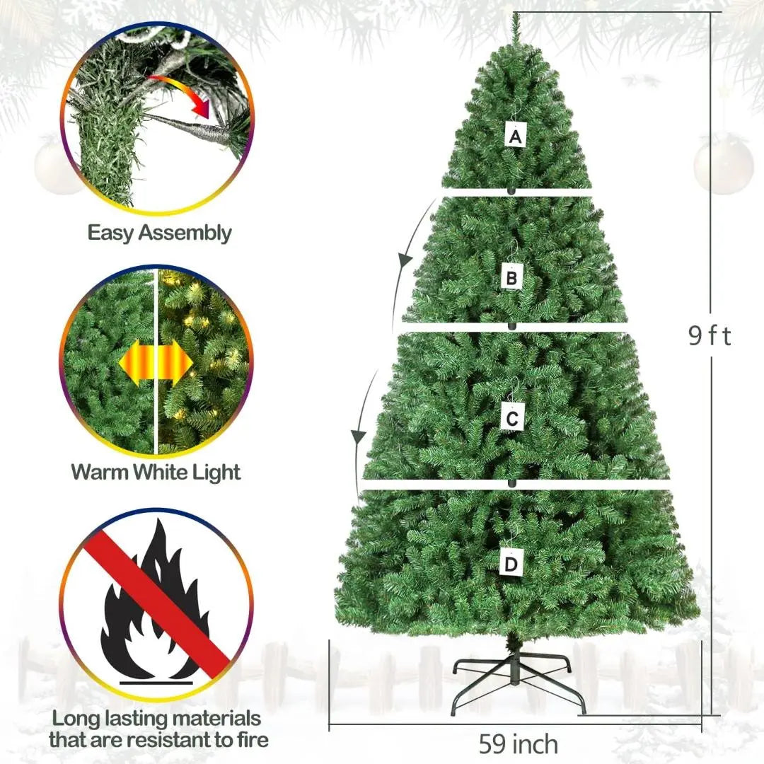 6.5'/7.5'/9' Prelit Artificial Christmas Tree with Warm White Lights, Metal Stand and Hinged Branches HYKOLITY