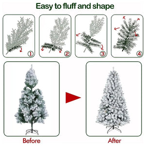 6.5'/7.5'/9' Snow Flocked Artificial Christmas Tree with Pine Cones, Metal Stand and Hinged Branches HYKOLITY