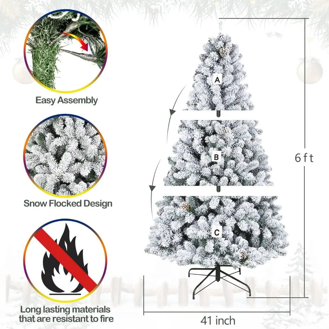 6.5'/7.5'/9' Snow Flocked Artificial Christmas Tree with Pine Cones, Metal Stand and Hinged Branches HYKOLITY